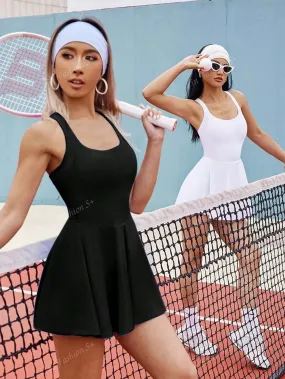 1 Piece Overseas US/EU Outdoor Sports Tennis Skirt, Figure Flattering Anti-Chafing Shorts Attached Mesh Racerback Fitness Dress, Women Athletic Wear