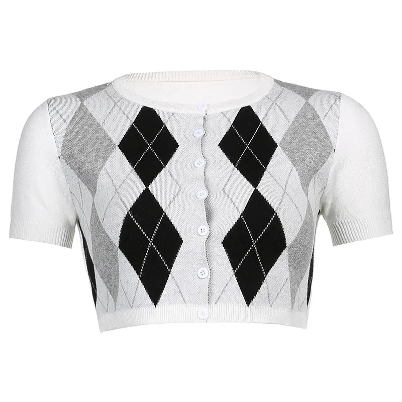 2022 crop top retro vintage argyle jacquard plaid slim fit short-sleeved sweater top