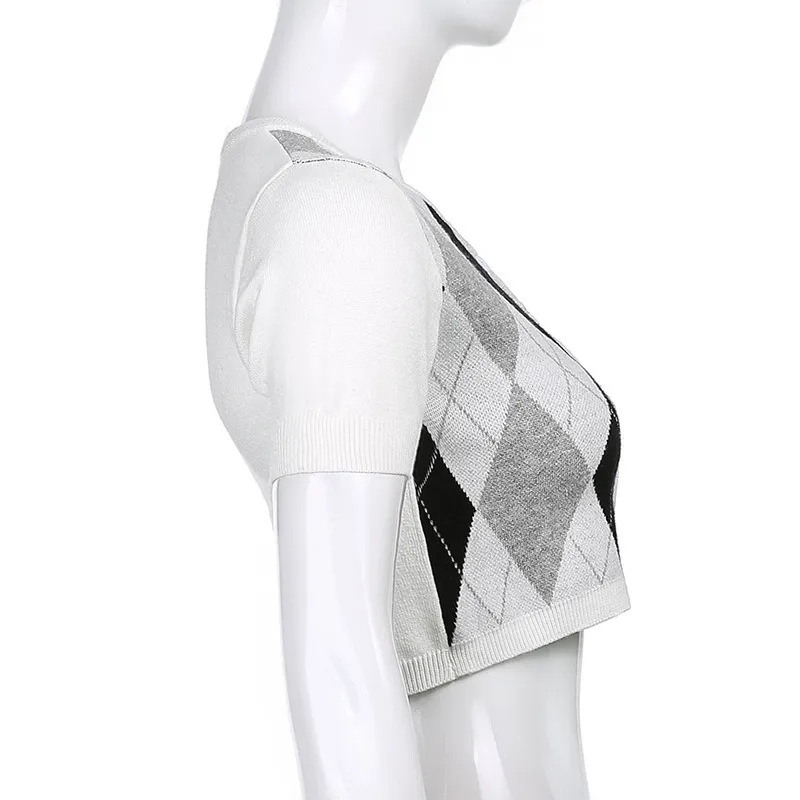 2022 crop top retro vintage argyle jacquard plaid slim fit short-sleeved sweater top