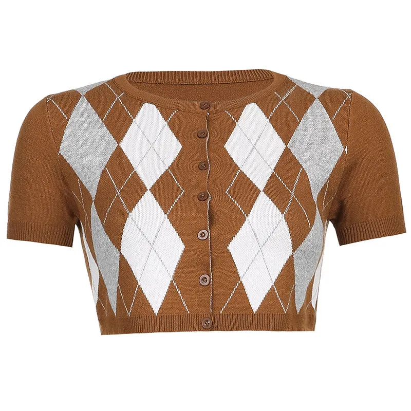 2022 crop top retro vintage argyle jacquard plaid slim fit short-sleeved sweater top