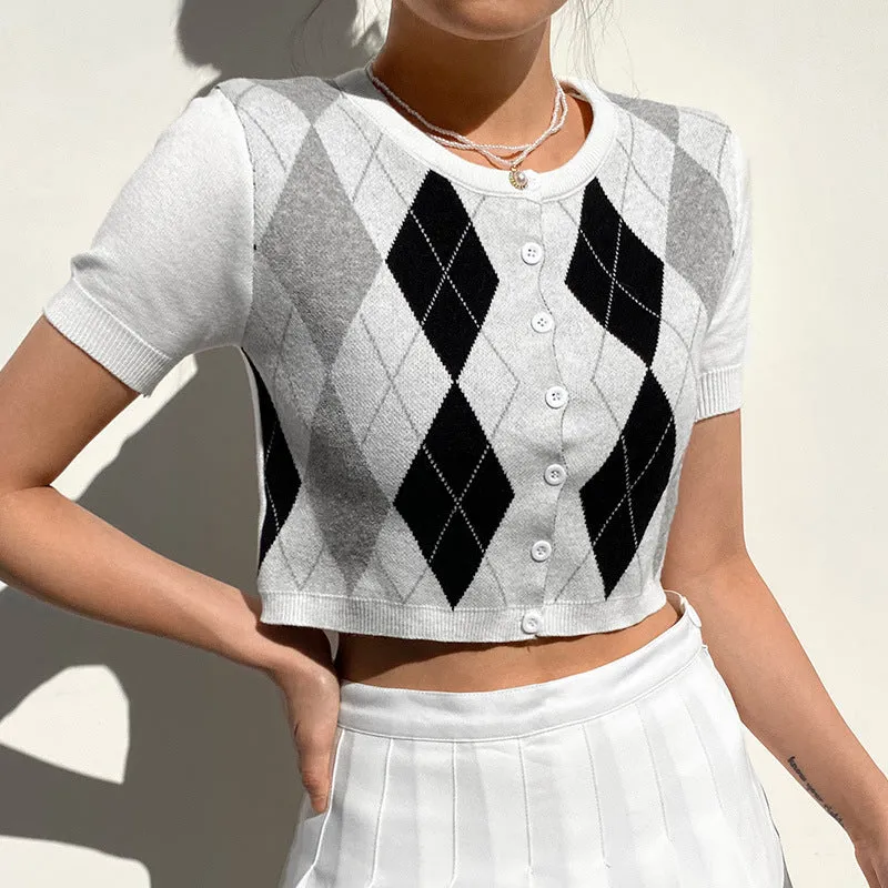 2022 crop top retro vintage argyle jacquard plaid slim fit short-sleeved sweater top