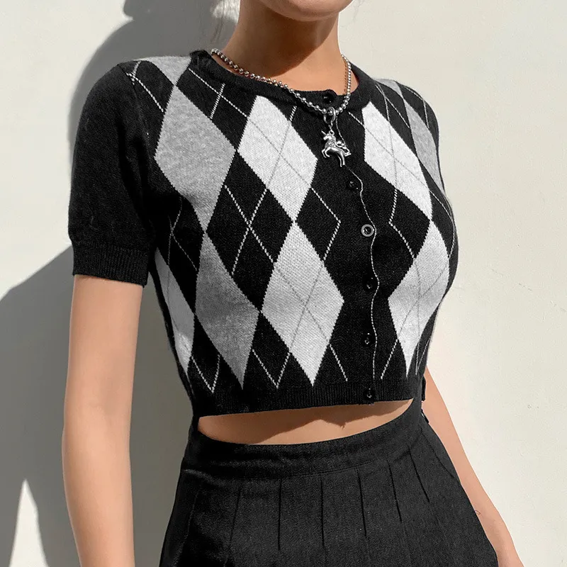 2022 crop top retro vintage argyle jacquard plaid slim fit short-sleeved sweater top