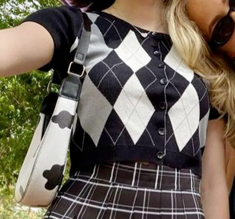 2022 crop top retro vintage argyle jacquard plaid slim fit short-sleeved sweater top