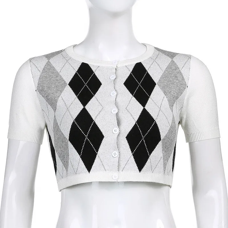 2022 crop top retro vintage argyle jacquard plaid slim fit short-sleeved sweater top
