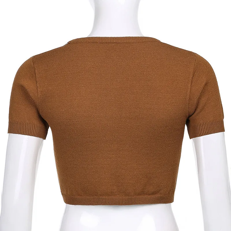 2022 crop top retro vintage argyle jacquard plaid slim fit short-sleeved sweater top
