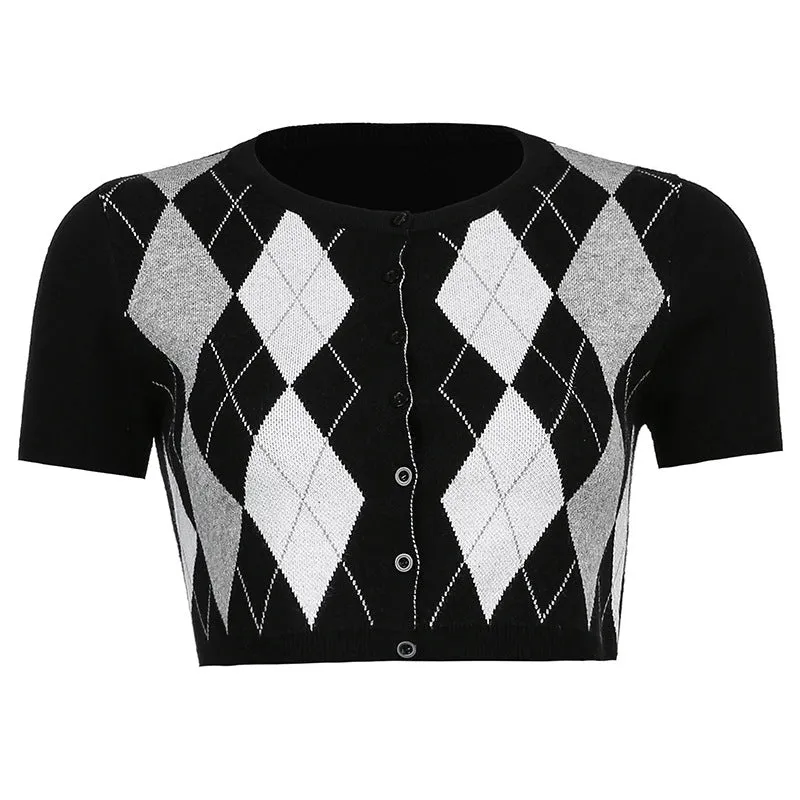 2022 crop top retro vintage argyle jacquard plaid slim fit short-sleeved sweater top