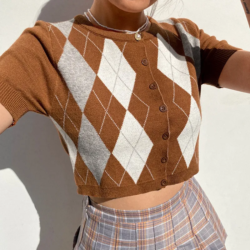 2022 crop top retro vintage argyle jacquard plaid slim fit short-sleeved sweater top