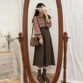 A Line solid Pleated Knee Length Suede Skirt   Vintage Plaid Long Sleeve