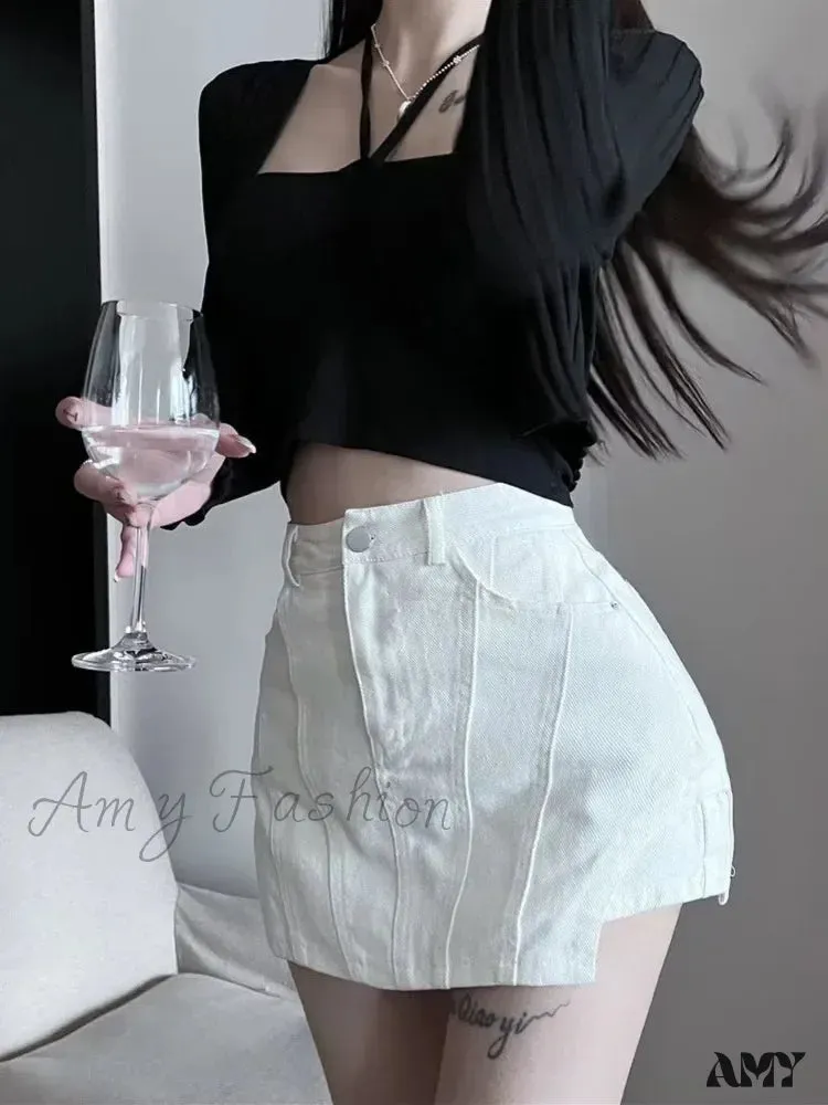 Amy Fashion - American Retro Spicy Girl Super Short Anti Glare Solid Color Pleated Low Waisted A-line Jean