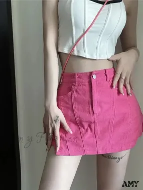 Amy Fashion - American Retro Spicy Girl Super Short Anti Glare Solid Color Pleated Low Waisted A-line Jean