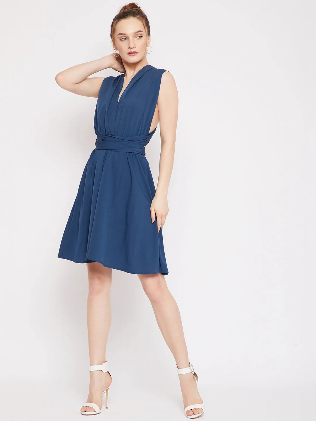 Berrylush Women Solid Blue V-Neck Criss-Cross Tie-Up Back Sleeveless Pleated A-Line Mini Dress
