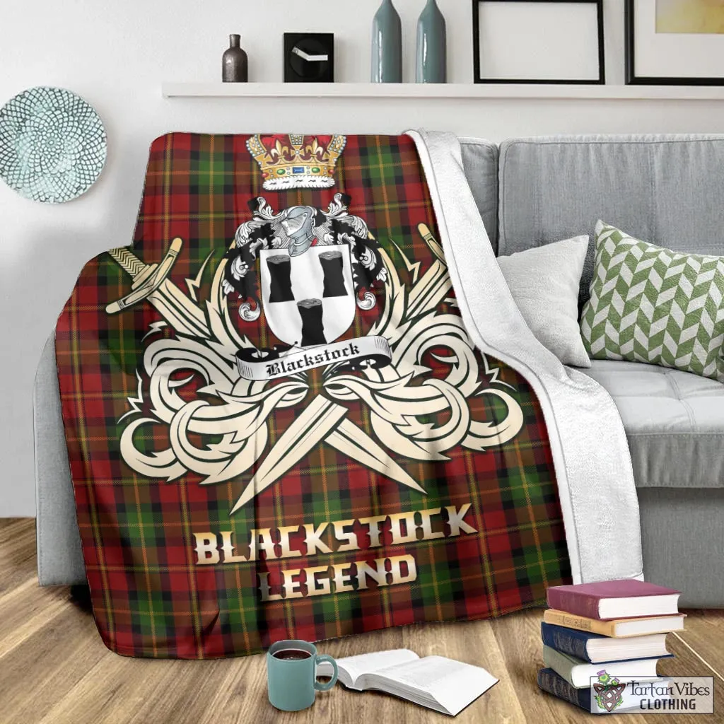 Blackstock Red Dress Tartan Blanket with Clan Crest and the Golden Sword of Courageous Legacy