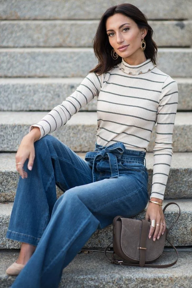 Clover Striped Turtle Neck Top in Taupe