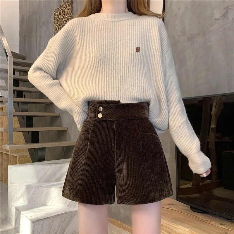Corduroy shorts for autumn and winter 2022 new wear kawaii high waist loose wide leg pants boots pants
