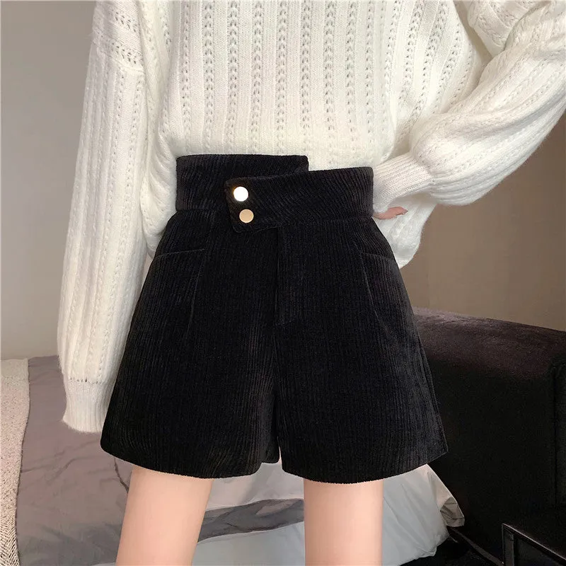Corduroy shorts for autumn and winter 2022 new wear kawaii high waist loose wide leg pants boots pants