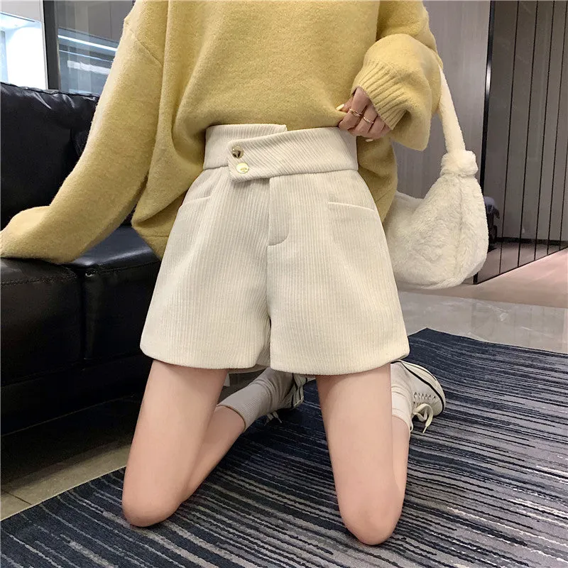 Corduroy shorts for autumn and winter 2022 new wear kawaii high waist loose wide leg pants boots pants
