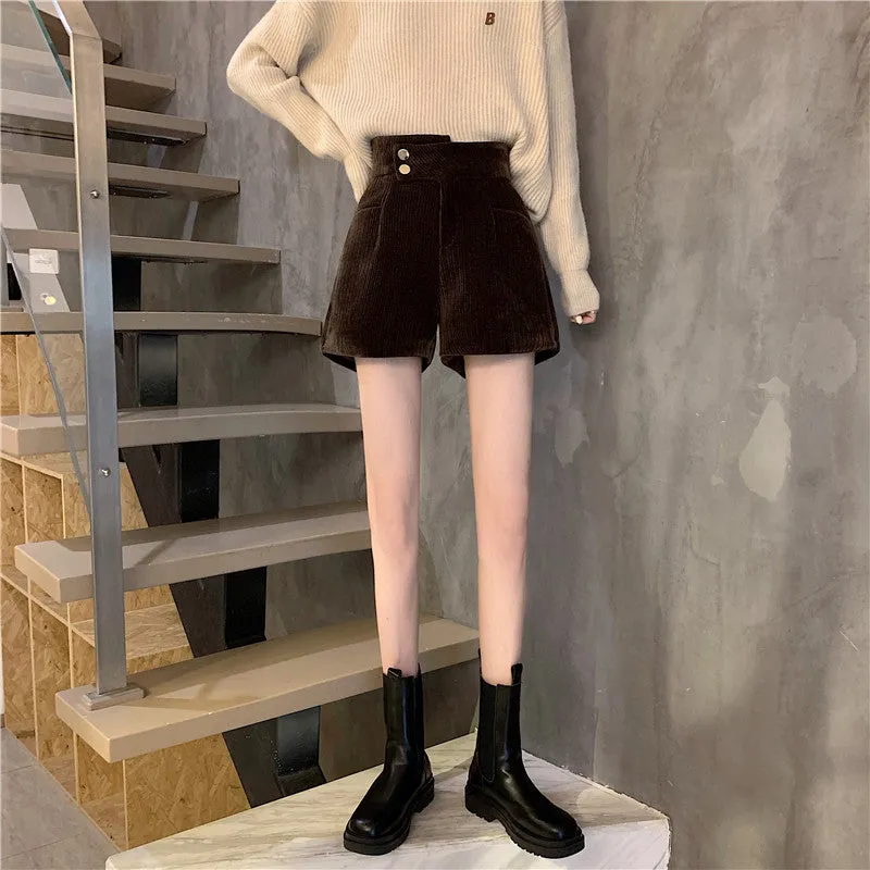 Corduroy shorts for autumn and winter 2022 new wear kawaii high waist loose wide leg pants boots pants