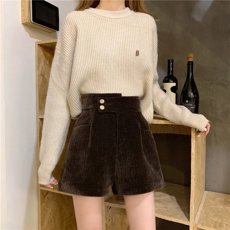 Corduroy shorts for autumn and winter 2022 new wear kawaii high waist loose wide leg pants boots pants