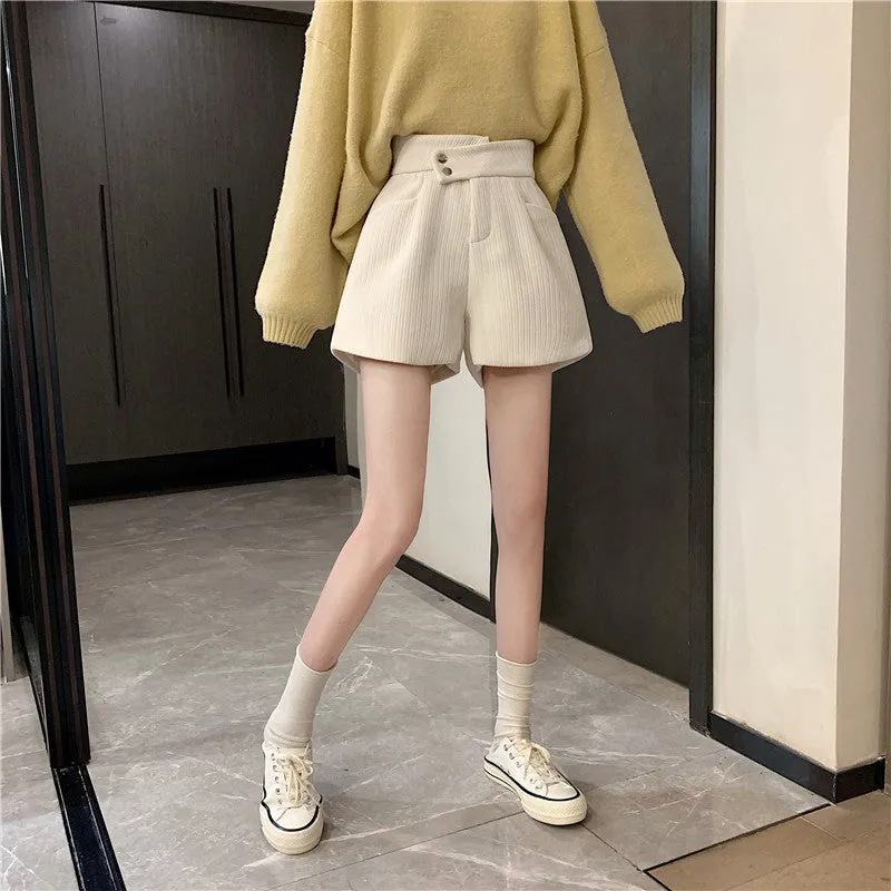 Corduroy shorts for autumn and winter 2022 new wear kawaii high waist loose wide leg pants boots pants