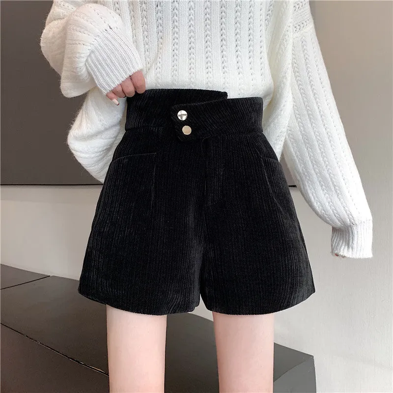 Corduroy shorts for autumn and winter 2022 new wear kawaii high waist loose wide leg pants boots pants