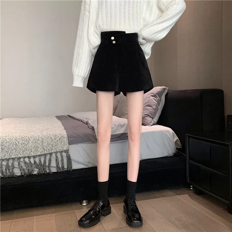 Corduroy shorts for autumn and winter 2022 new wear kawaii high waist loose wide leg pants boots pants