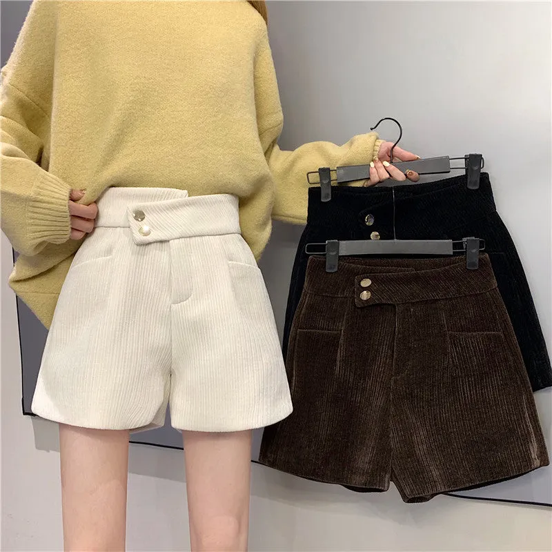 Corduroy shorts for autumn and winter 2022 new wear kawaii high waist loose wide leg pants boots pants