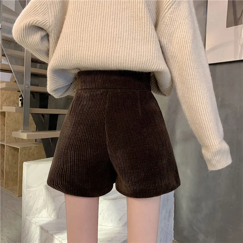 Corduroy shorts for autumn and winter 2022 new wear kawaii high waist loose wide leg pants boots pants