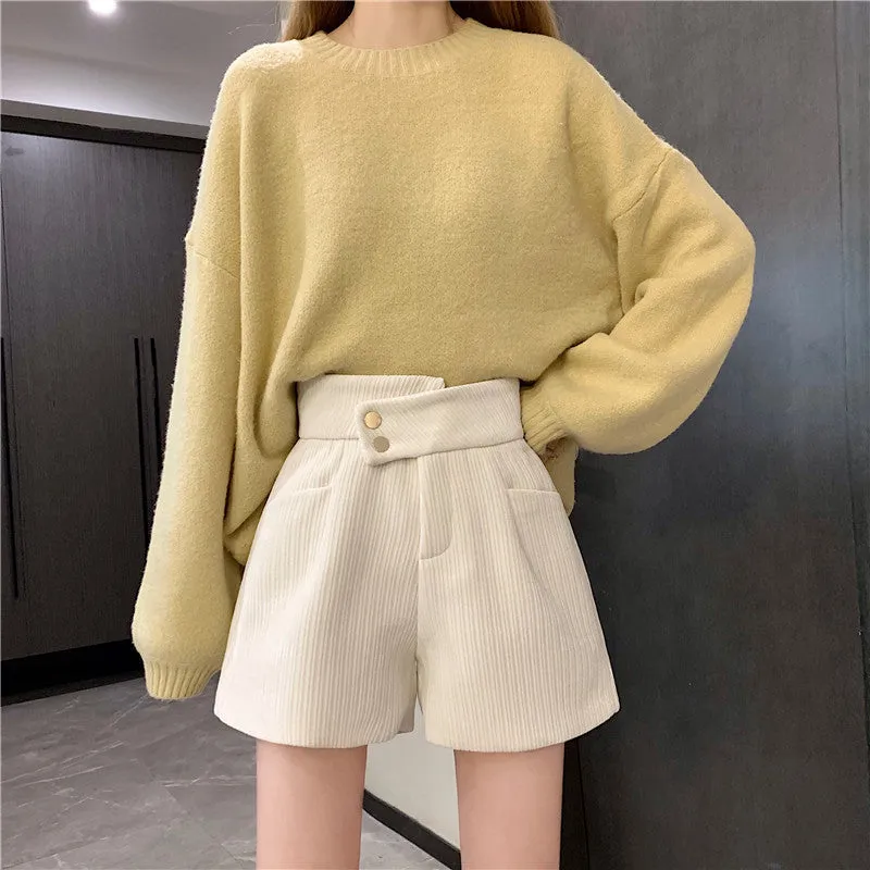 Corduroy shorts for autumn and winter 2022 new wear kawaii high waist loose wide leg pants boots pants