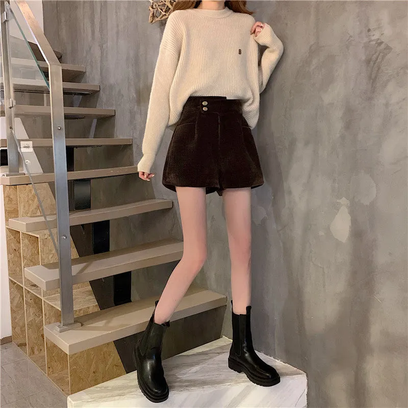 Corduroy shorts for autumn and winter 2022 new wear kawaii high waist loose wide leg pants boots pants