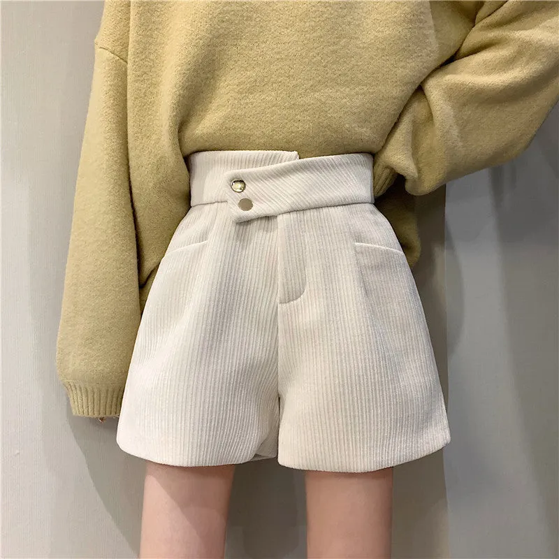 Corduroy shorts for autumn and winter 2022 new wear kawaii high waist loose wide leg pants boots pants
