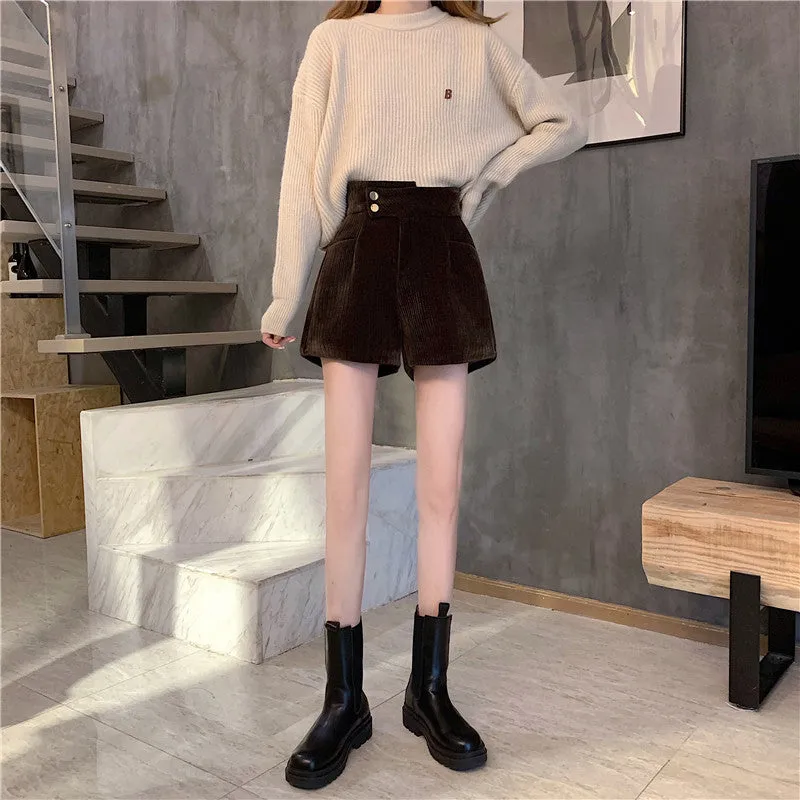 Corduroy shorts for autumn and winter 2022 new wear kawaii high waist loose wide leg pants boots pants