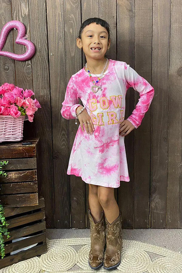 DLH2653 COWGIRL embroidery pink tie dye knit cotton long sleeve girls dress