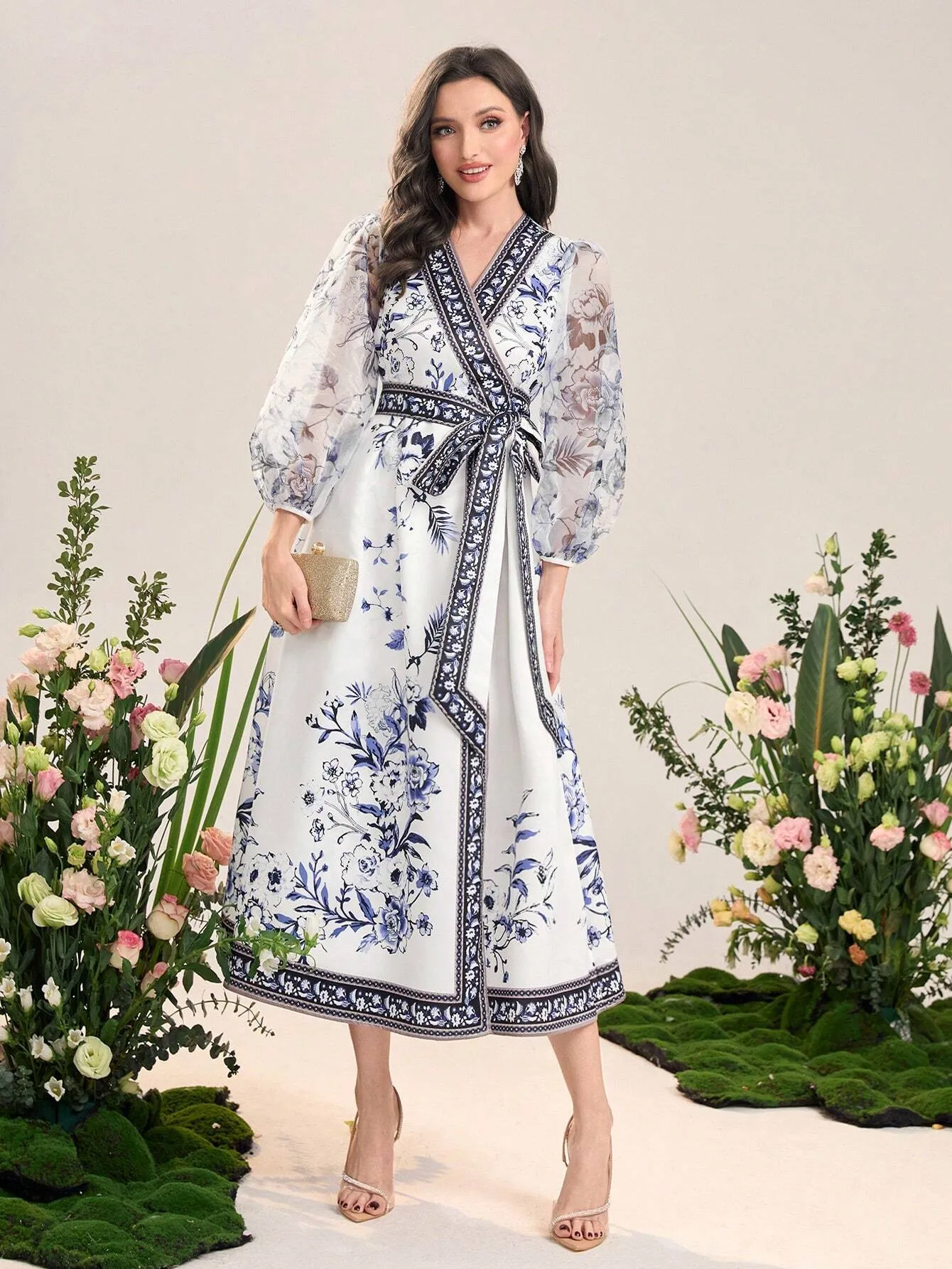 Floral Print Lantern Sleeve Belted Dress