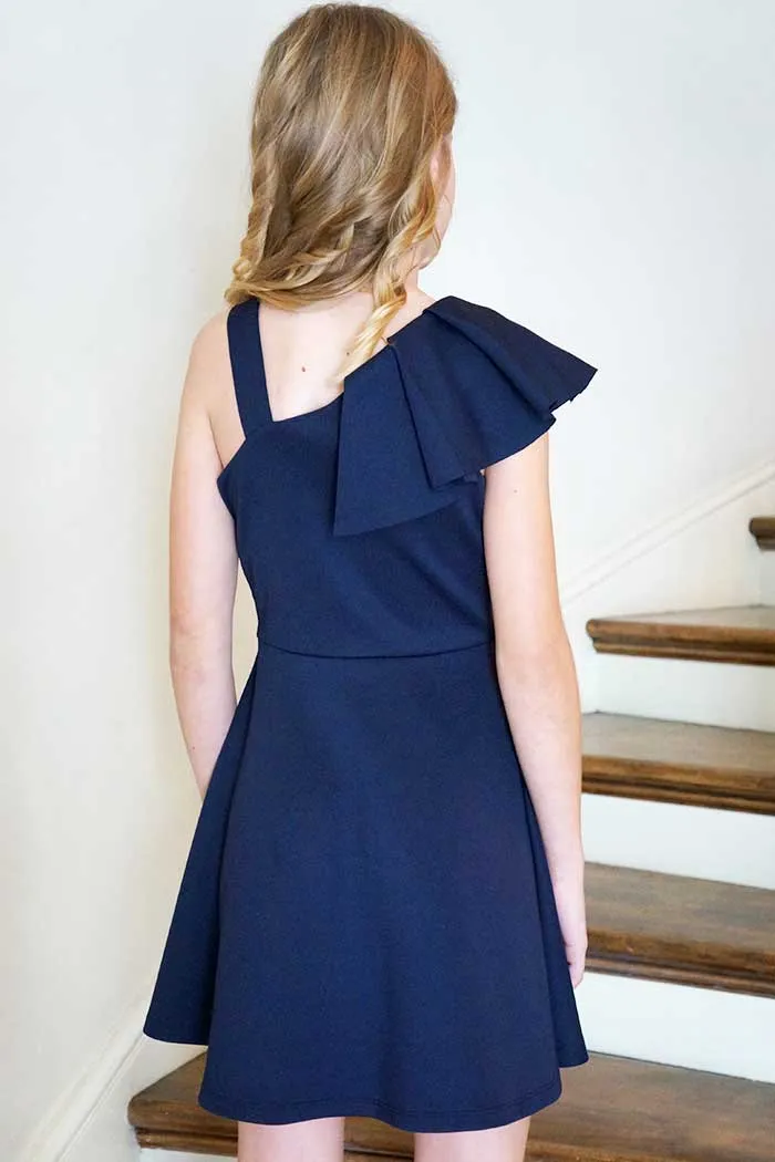Girls Asymmetrical Fit and Flare Ruffle Party Dress