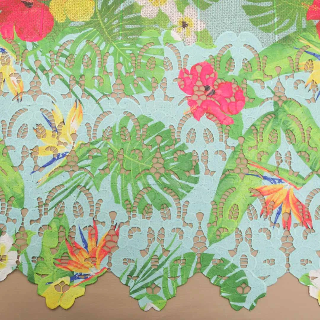 Green and Light Aqua Floral Printed Guipure Lace