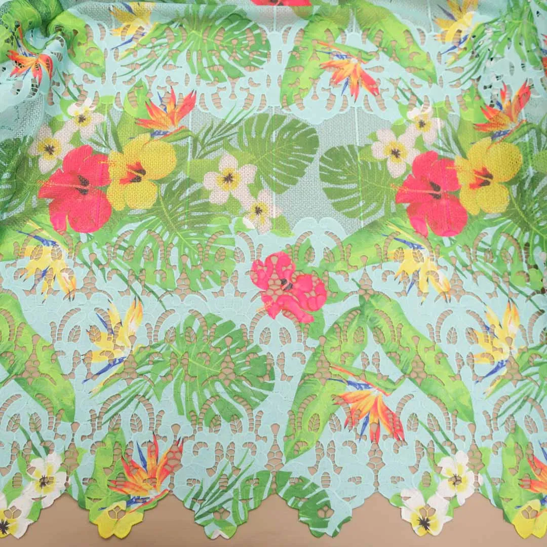 Green and Light Aqua Floral Printed Guipure Lace