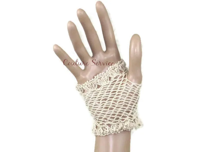 Handmade Crocheted Fingerless Lace Gloves, Natural