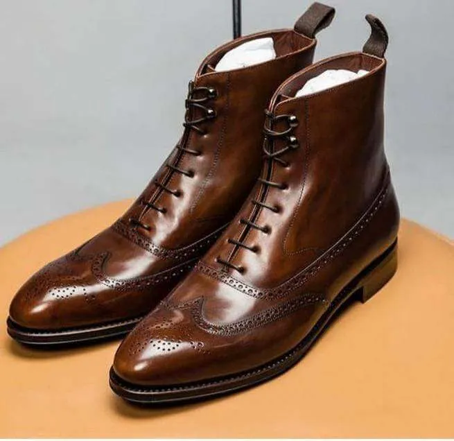 Handmade Men's Ankle Brown Leather Wing Tip lace Up Boot