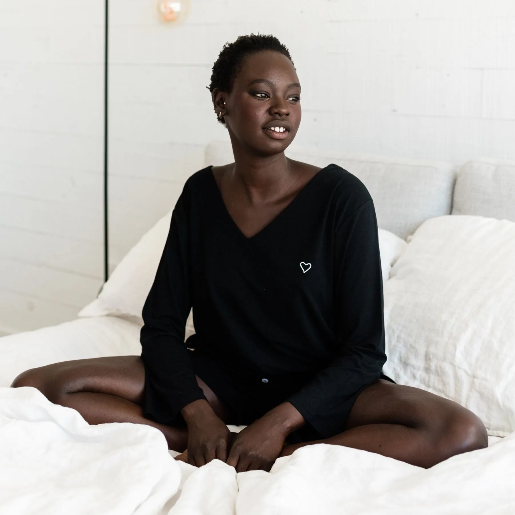 Jamie V-Neck Sleep Top | Black with Heart