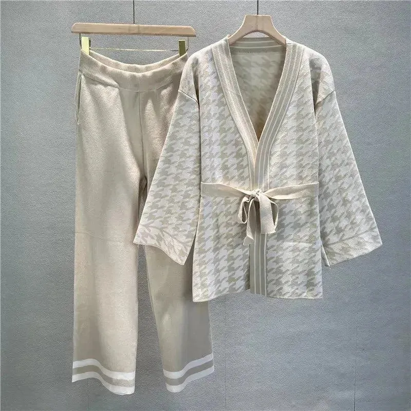 Knitted Loose Cardigan Women Pants Sweater Set