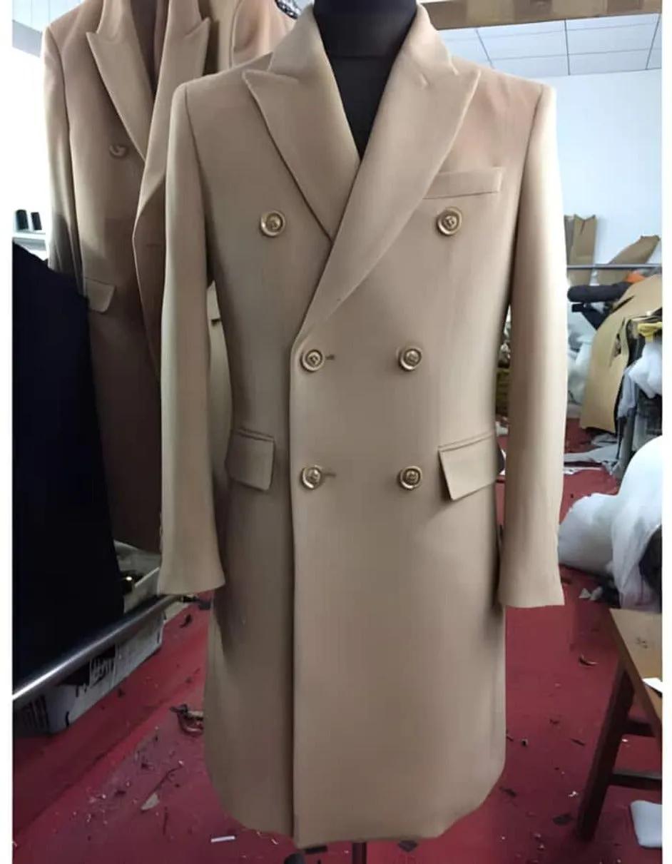Mens Overcoat - Topcoat For Men - Winter Fabric - Men's Wool And Cashmere Double Breasted Long Overcoat Beige ~ Camel Three Quarter Winter Men's Topcoat Sale