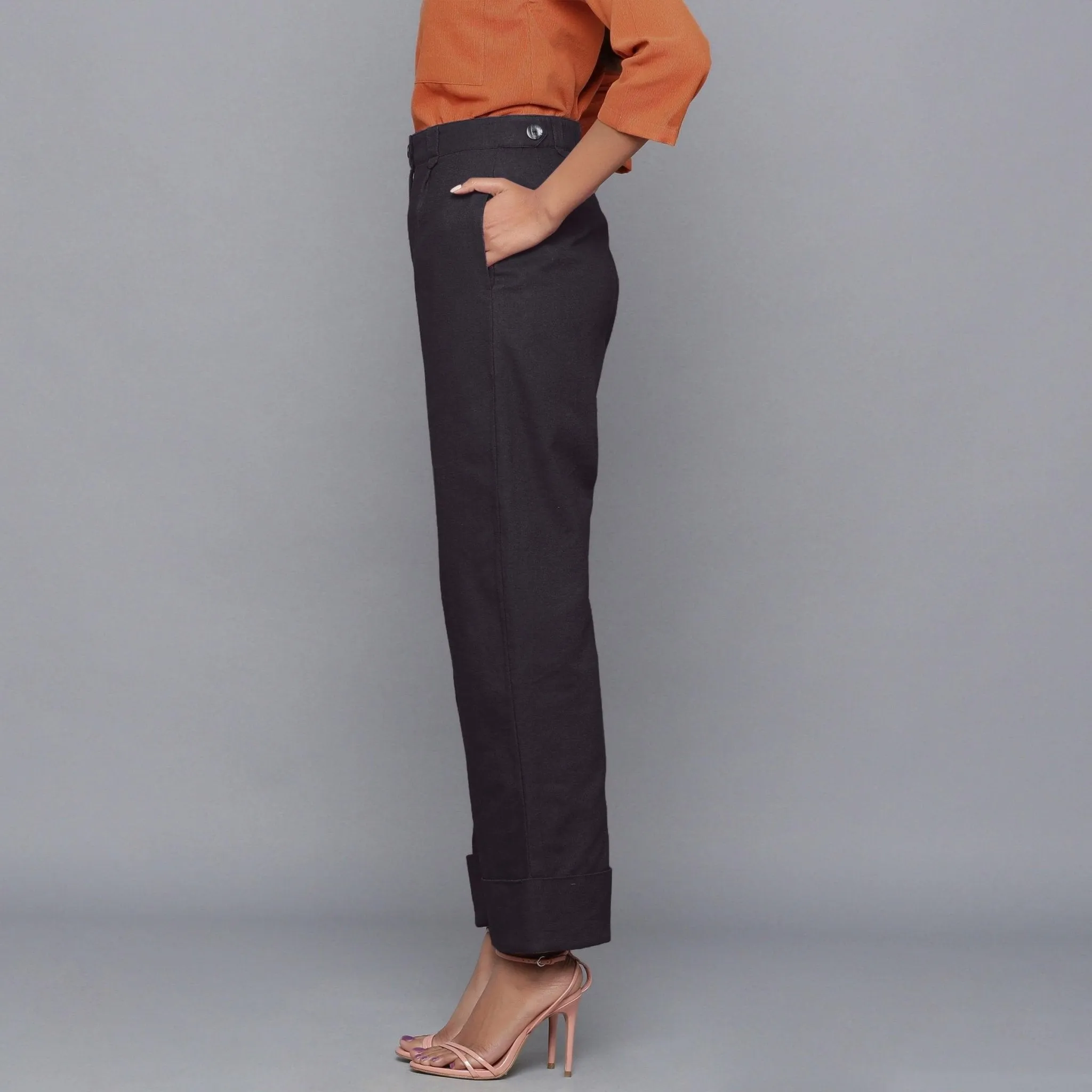 Moonlight Black Warm Cotton Flannel Rolled-up Trouser