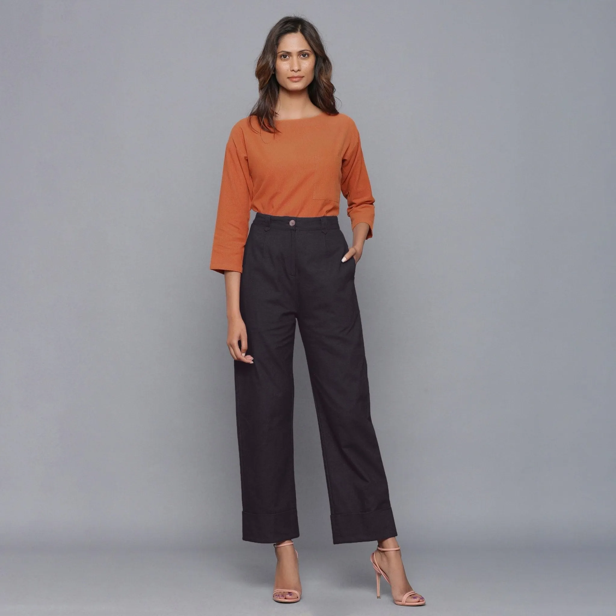 Moonlight Black Warm Cotton Flannel Rolled-up Trouser