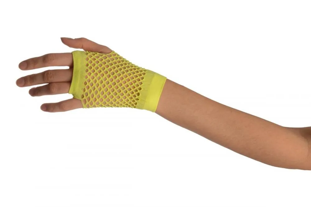 Neon Yellow Short Fishnet Fingerless Party Gloves