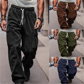 Nukty-shop Men's Drawstring Solid Color Corduroy Straight Multi-Pocket Overalls