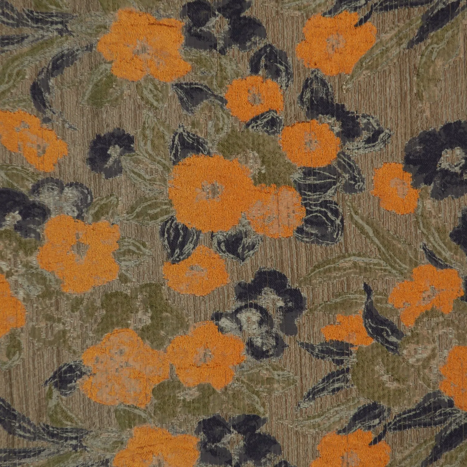 Orange and Navy Floral on Taupe Abstract Textured Brocade Fabric