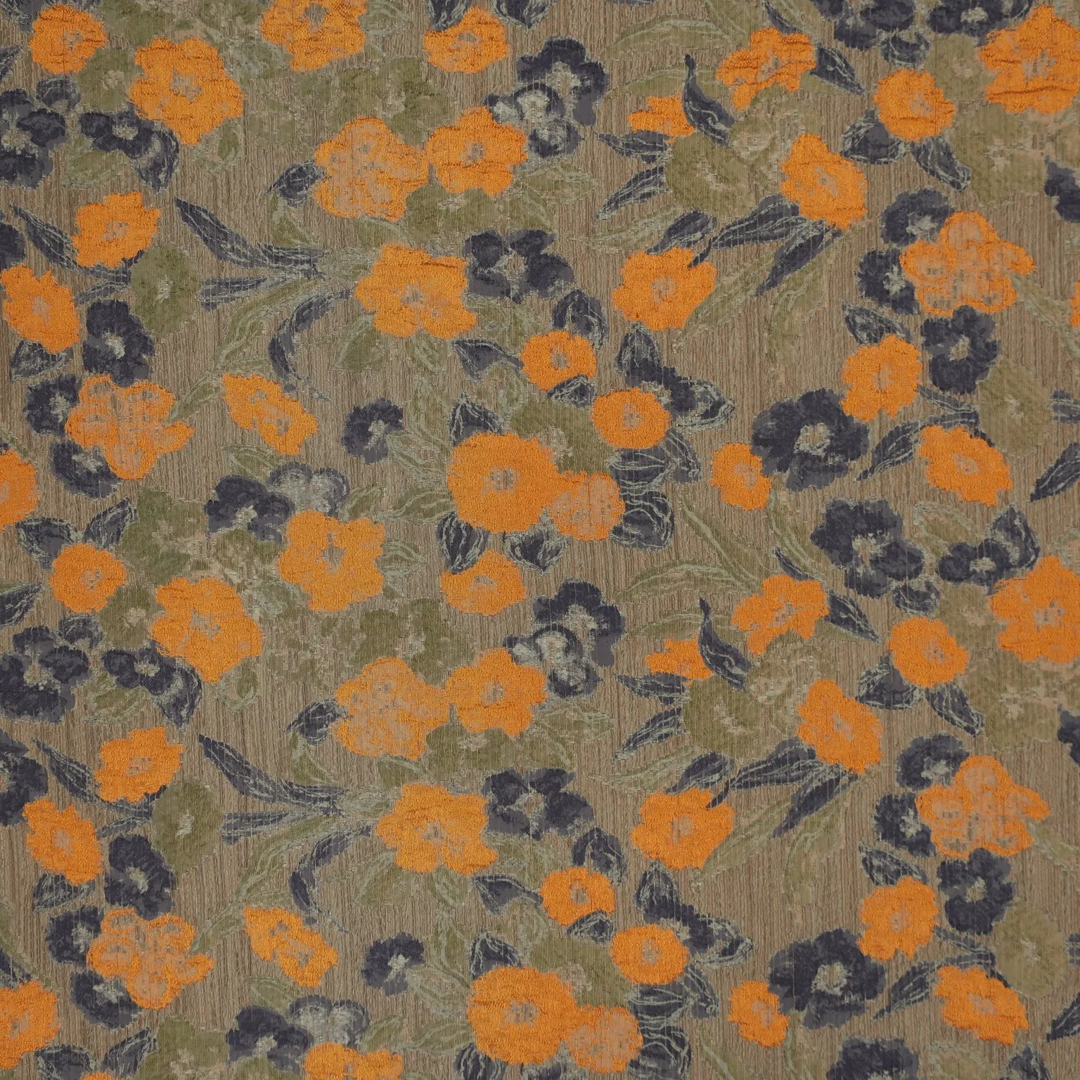 Orange and Navy Floral on Taupe Abstract Textured Brocade Fabric