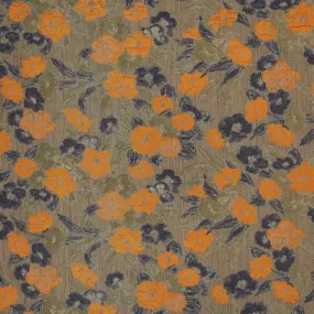 Orange and Navy Floral on Taupe Abstract Textured Brocade Fabric