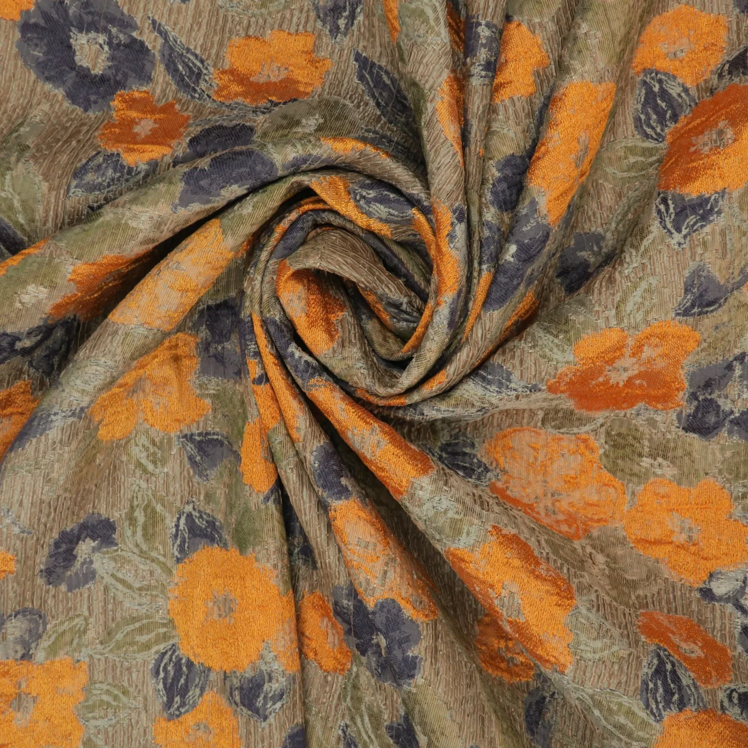Orange and Navy Floral on Taupe Abstract Textured Brocade Fabric
