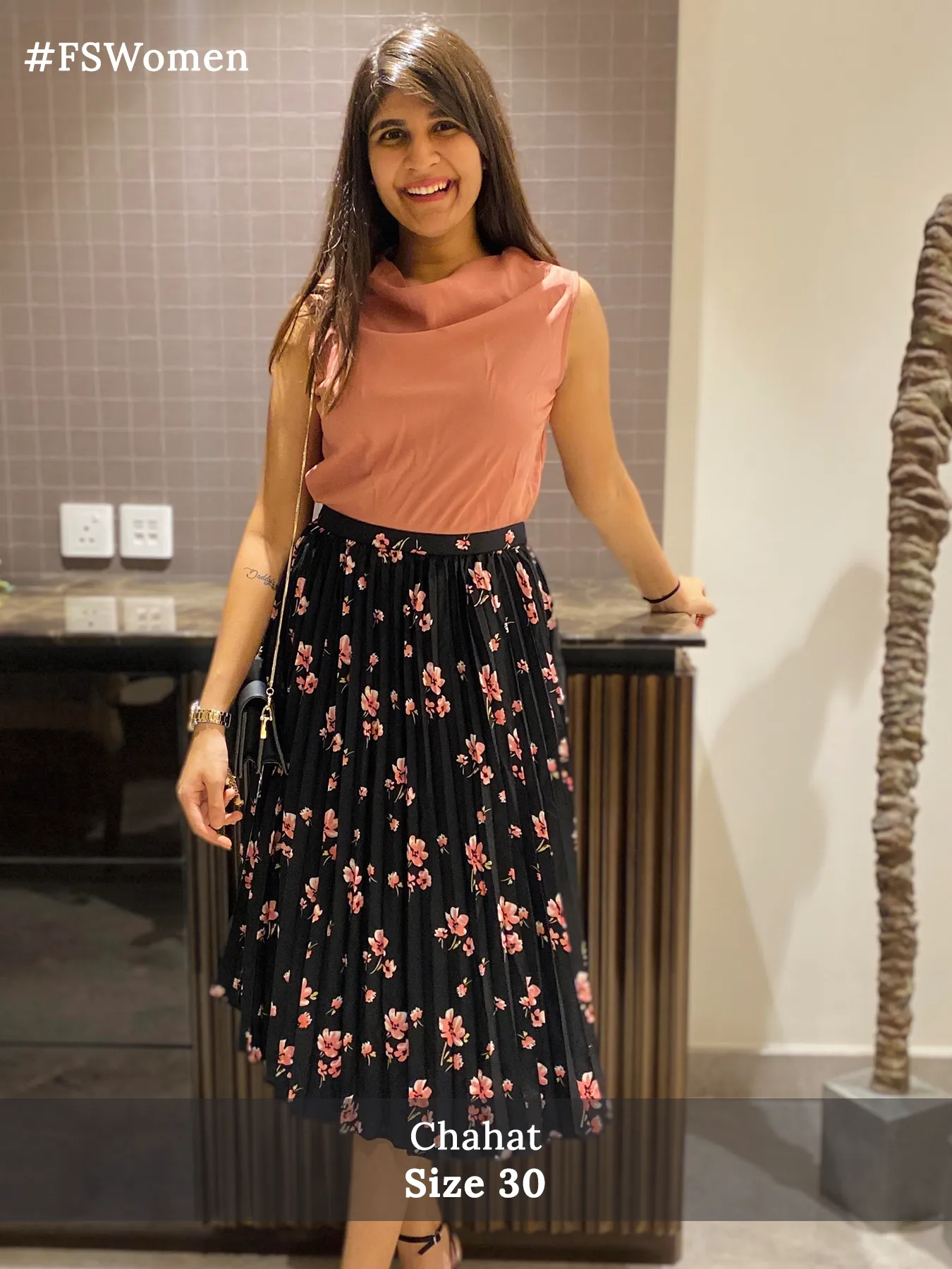Pleated Flared Floral Midi Skirt - Black
